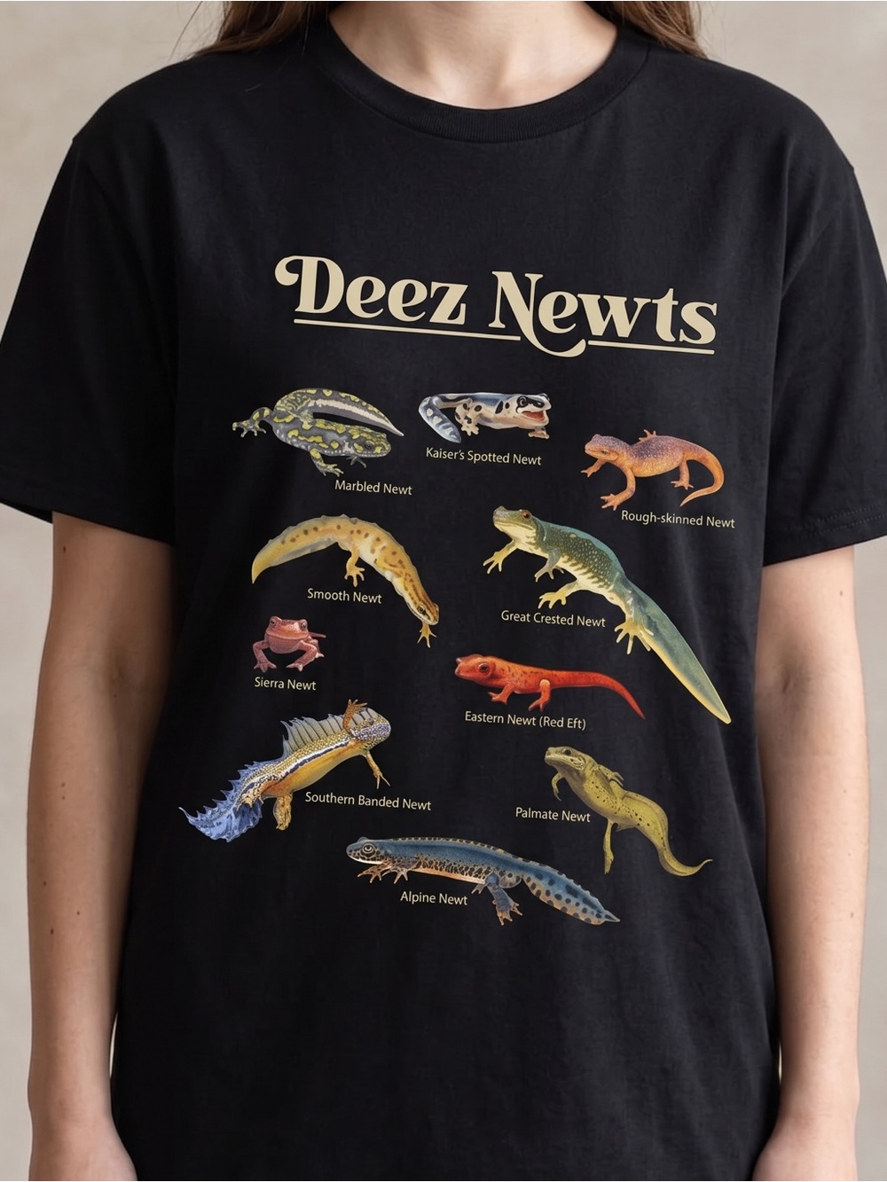 Gildan Black Graphic Tee with Multicolored Newt Illustrations